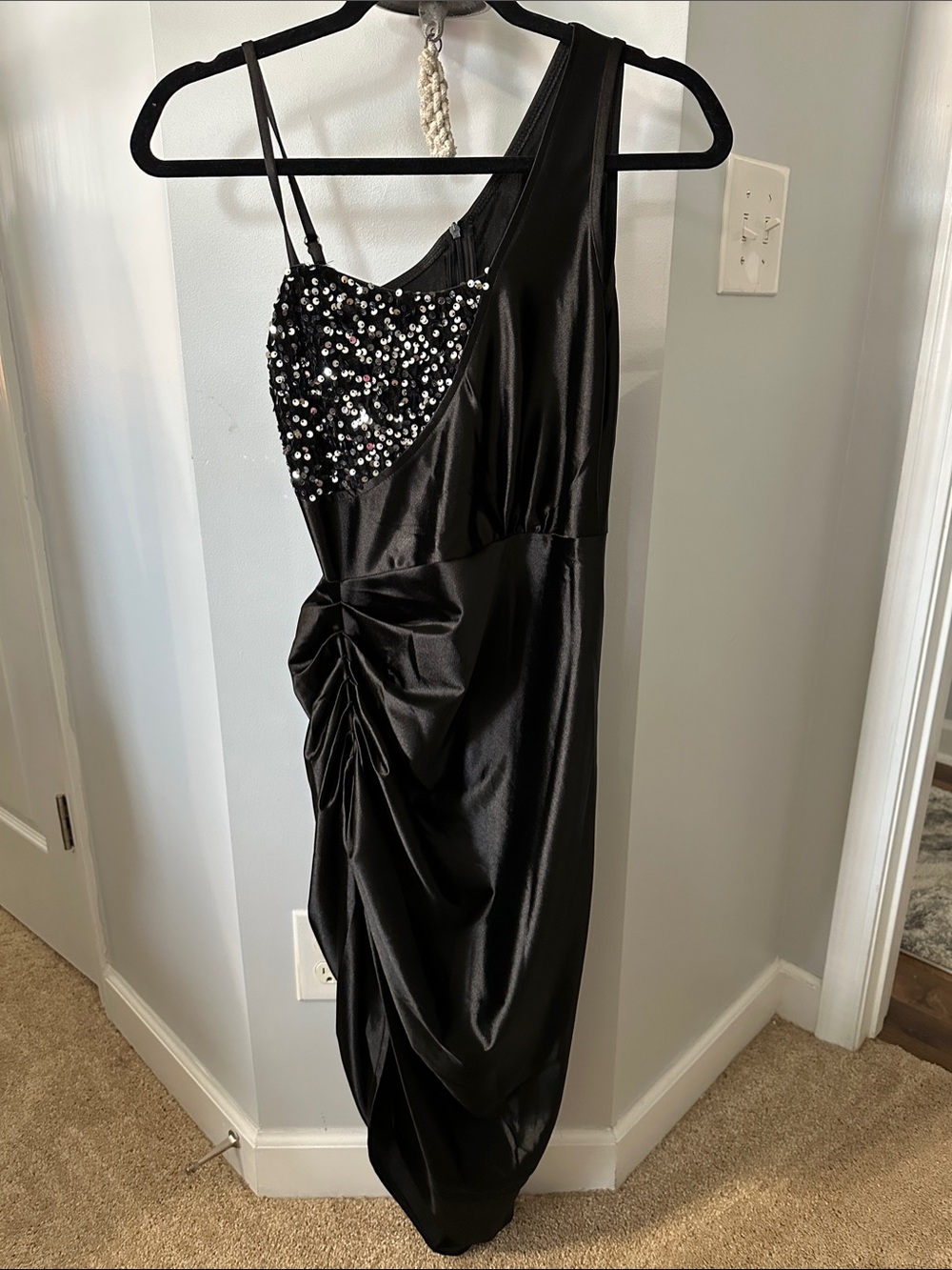 167. One-Shoulder Black Sequin Evening Dress